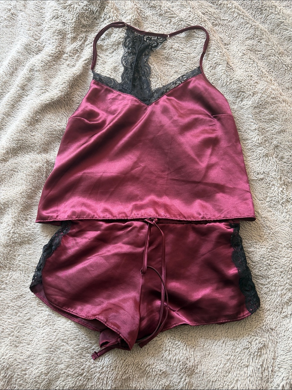 Lovers & Friends Silky Lace-Trim Cami & Short Set - Burgundy